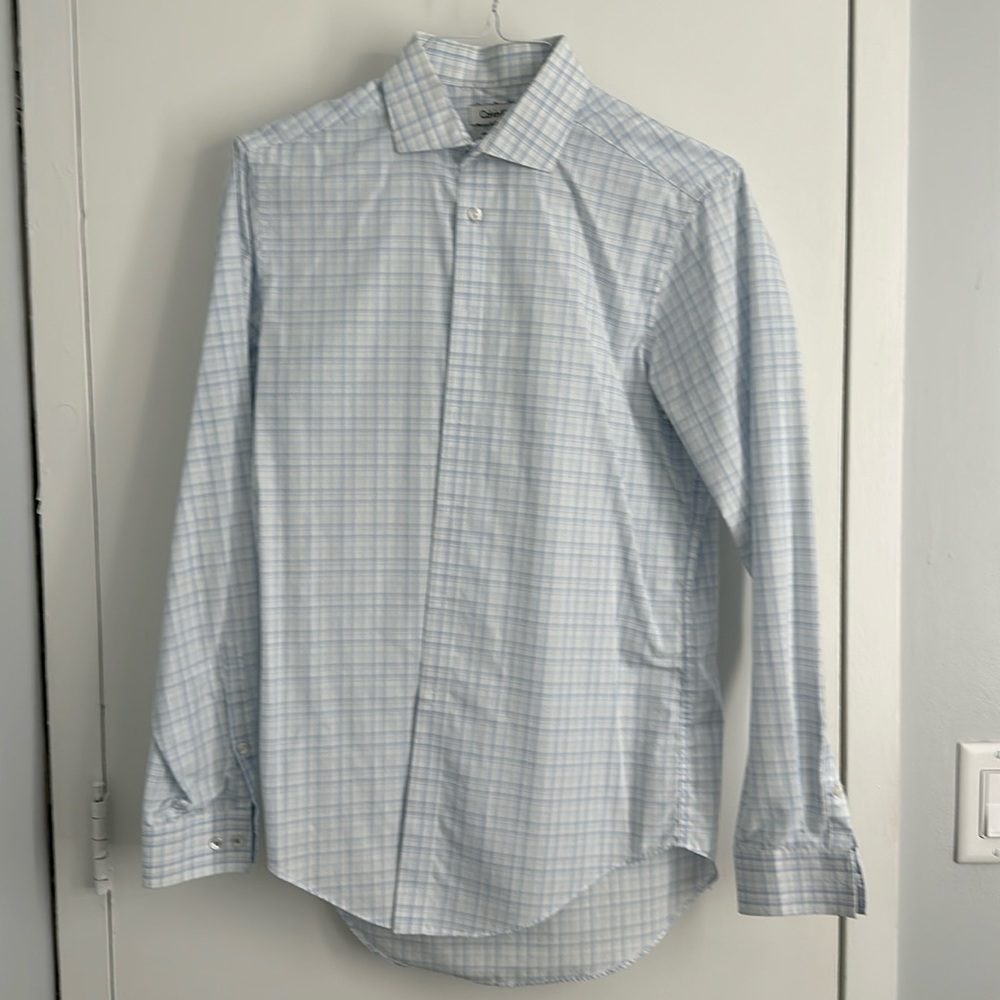 Calvin Klein slim fit white and blue plaid dress shirt